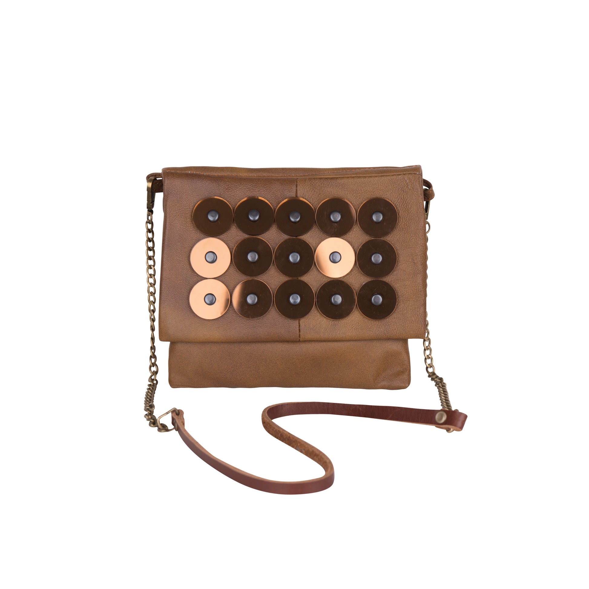 METANoIA tan recycled leather small handbag with circle copper acrylic forms fashioned into a repeative fashion with a smaller circle overlay on each form.