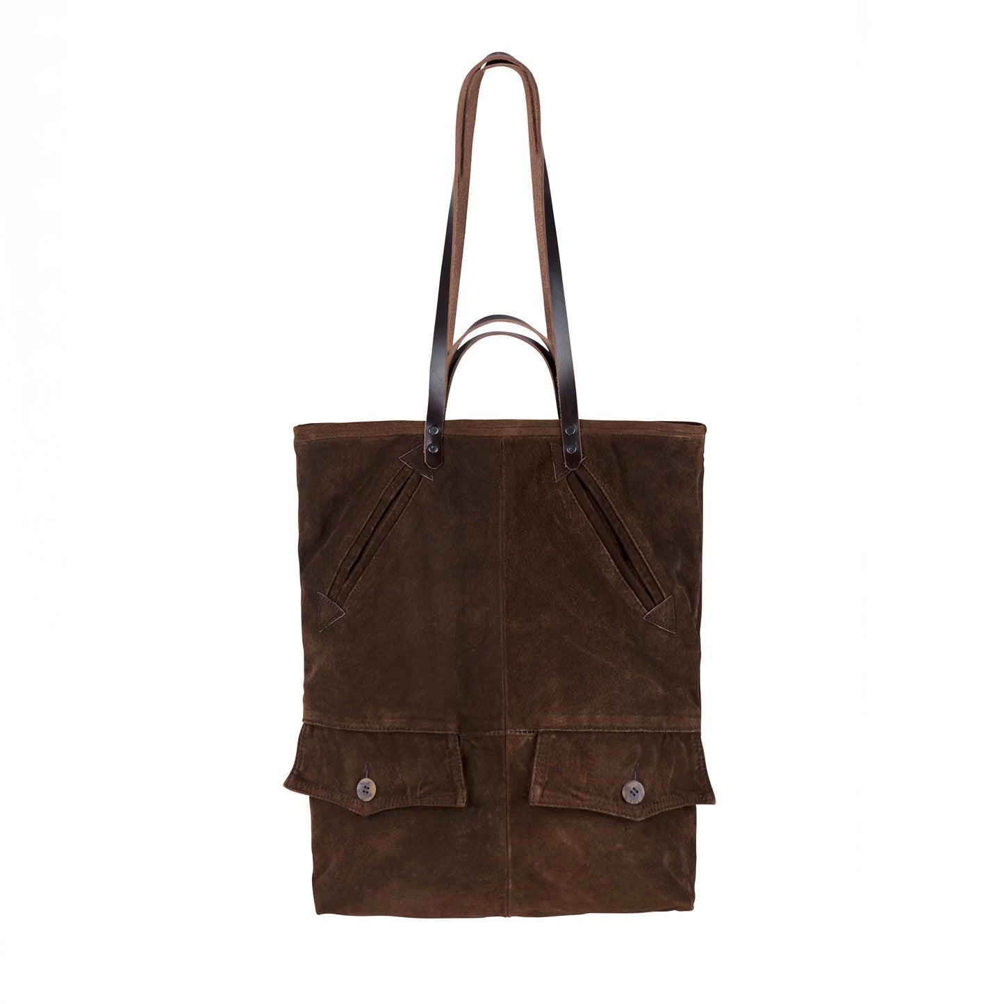 The back of the METANoIA The Cross Bag consisting of recycled leather with an original leather piece wherever possible, every bag has a unique pocket placement.