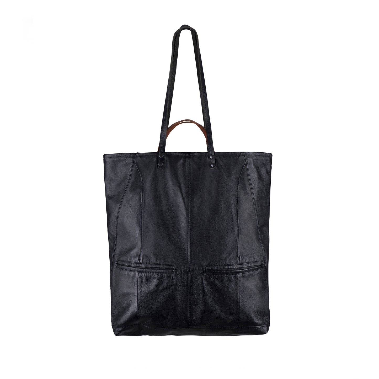 The back of the METANoIA The Iris Bag consisting of recycled leather with an original leather piece wherever possible, every bag has a unique pocket placement.