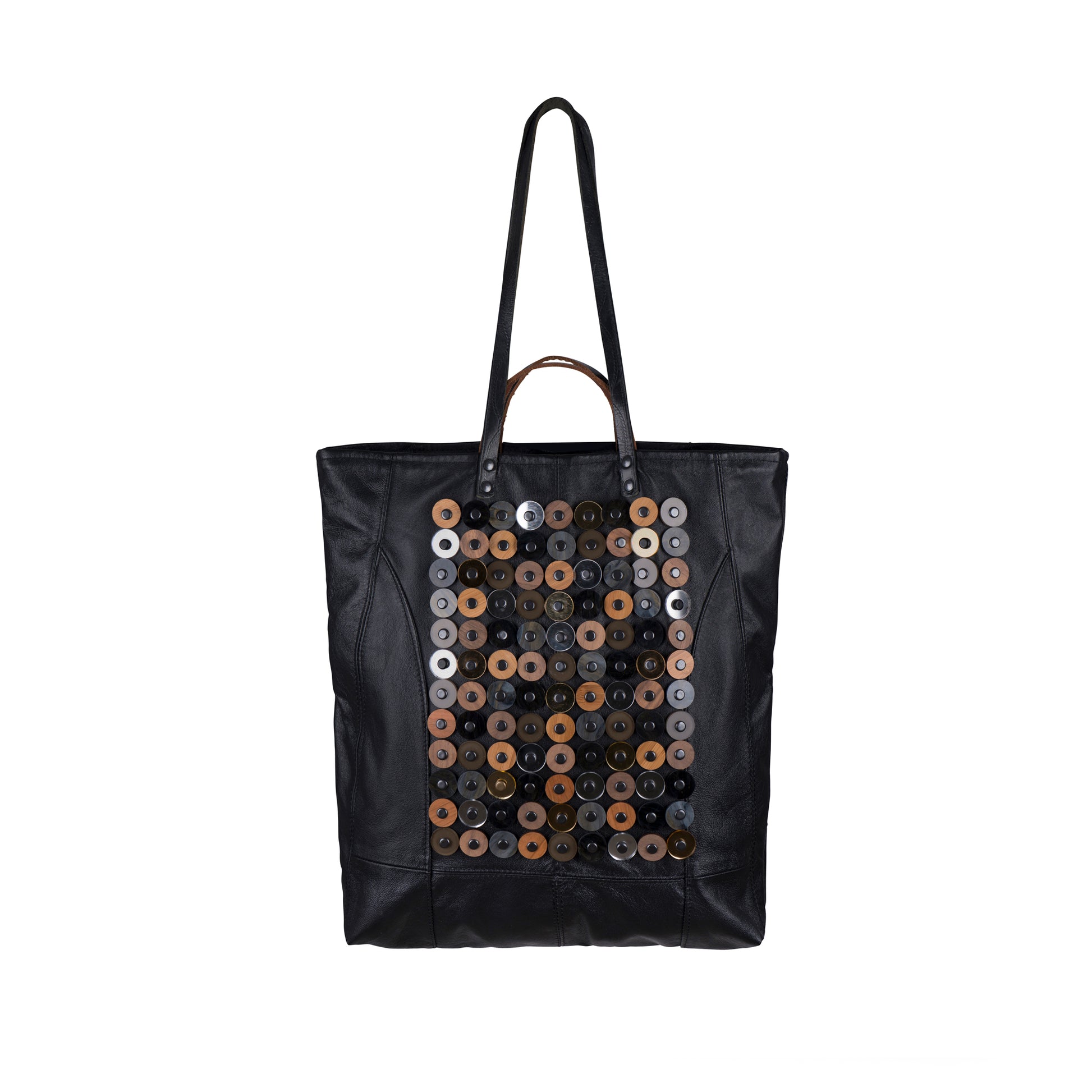 METANoIA black recycled leather tote handbag with  circle bamboo, walnut and acrylic forms fashioned into a repeative fashion with a smaller circle overlay on each form.