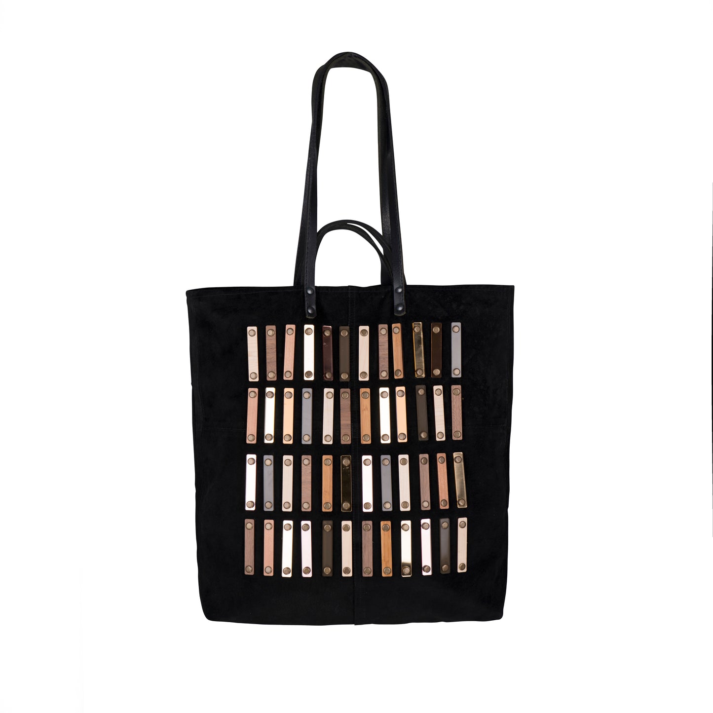 METANoIA black recycled leather tote handbag with acrylic and wooden vertical accents studded in a repeatitive fashion in an array of natural wooden browns, coppers and white.