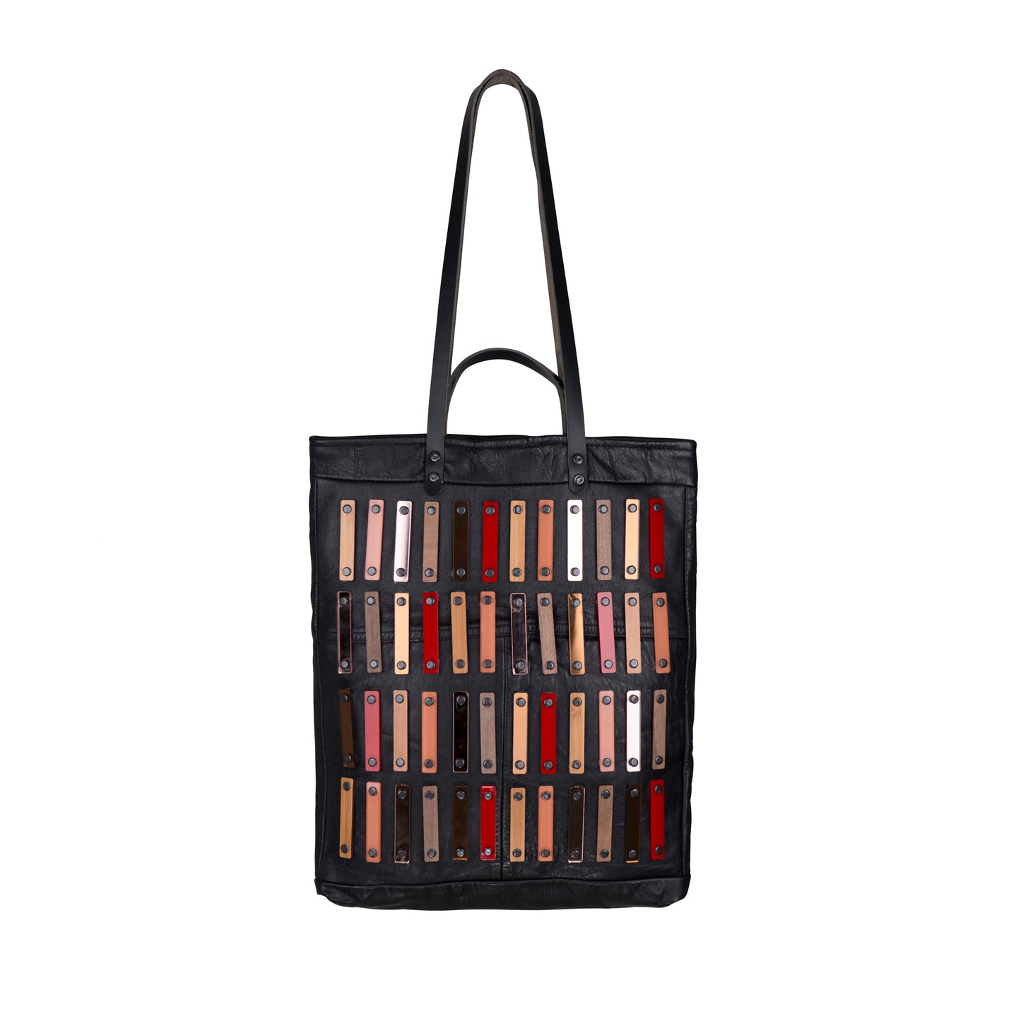METANoIA black recycled leather tote handbag with acrylic and wooden vertical accents studded in a repeatitive fashion in an array of natural wooden brown colours, hints of red and copper.