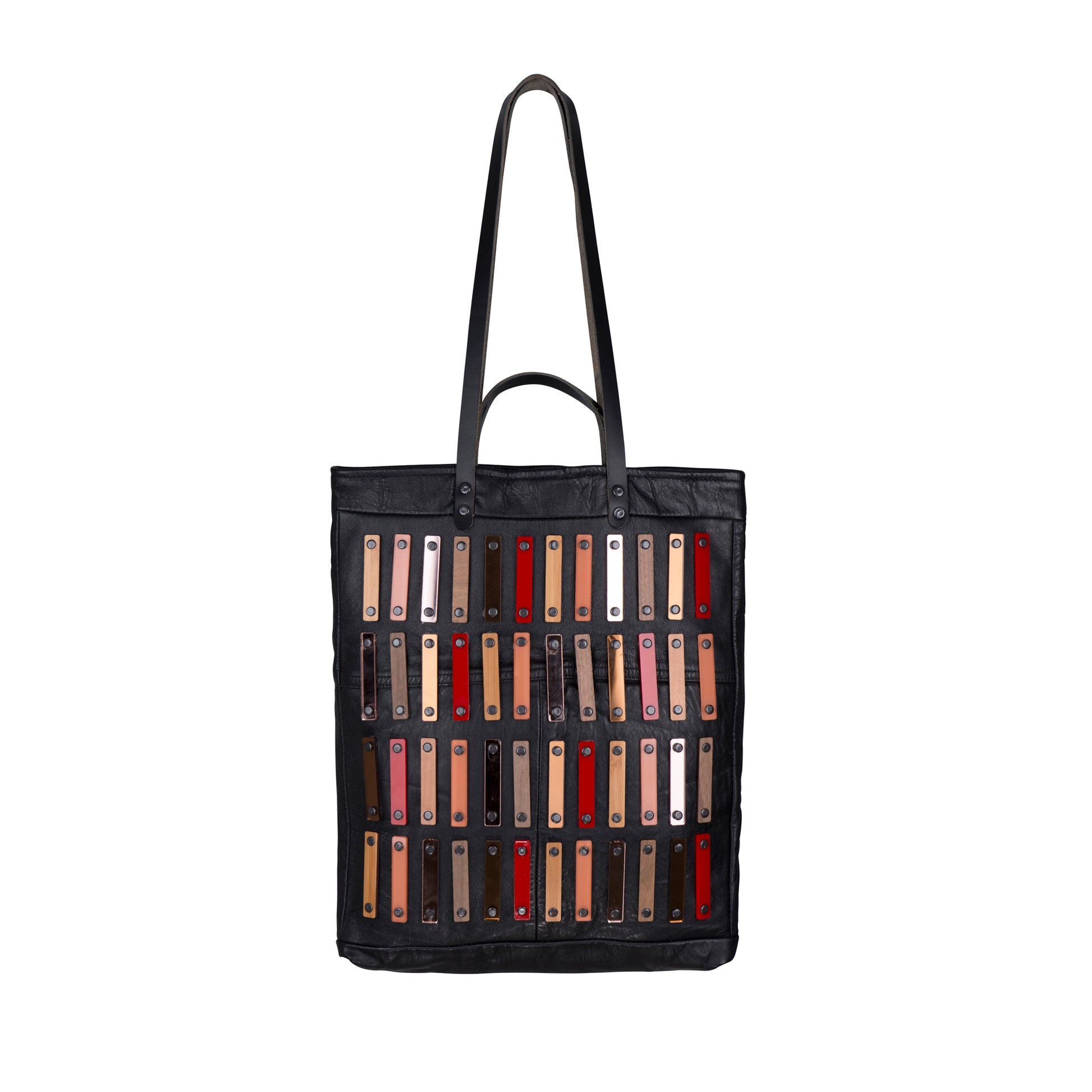 METANoIA black recycled leather tote handbag with acrylic and wooden vertical accents studded in a repeatitive fashion in an array of natural wooden brown colours, hints of red and copper.