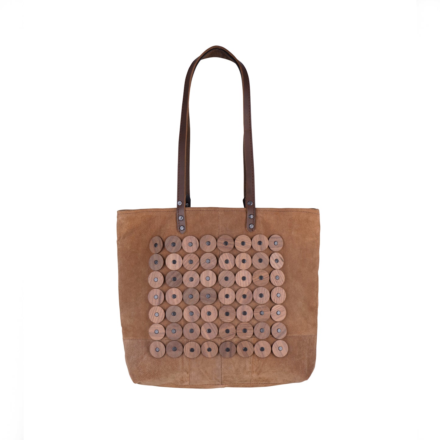 METANoIA light tan recycled leather medium handbag with circle bamboo and walnut forms fashioned into a repetitive fashion with a smaller circle overlay on each form.