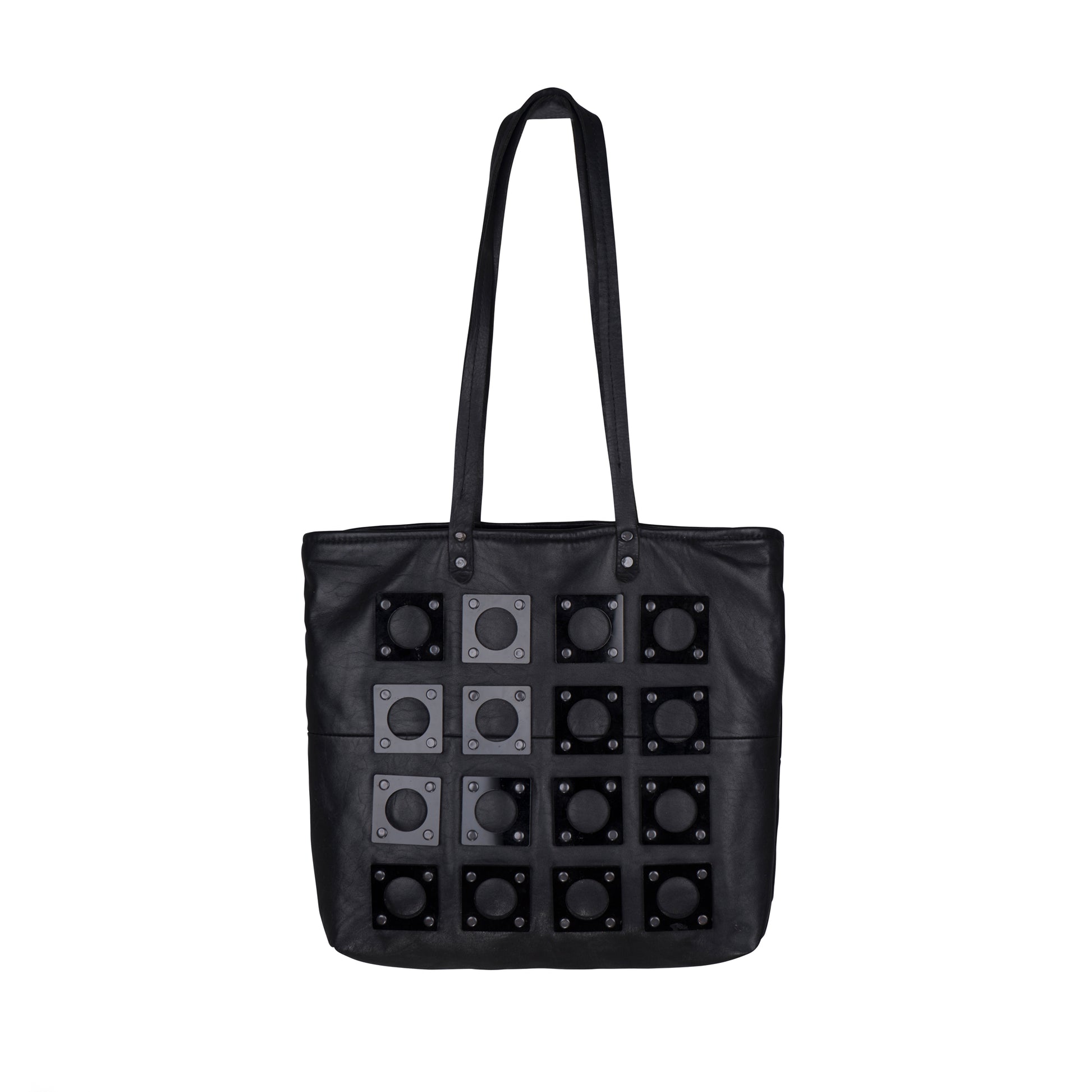 METANoIA black recycled leather medium handbag with square and hollowed circle black acrylic forms fashioned into a repeative fashion.