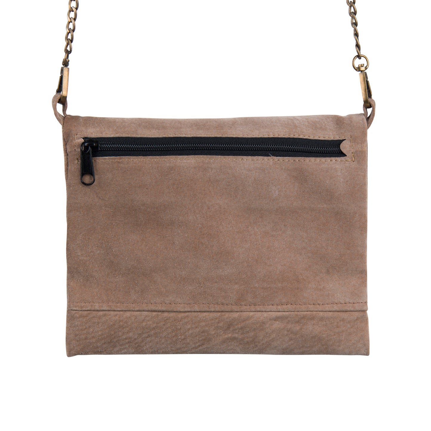 The back of the METANoIA The Disco Bag cwith a convienant outer pocket. Featuring a zipable closing and the signature recycled pinstripe fabric as the lining of the outer pocket.