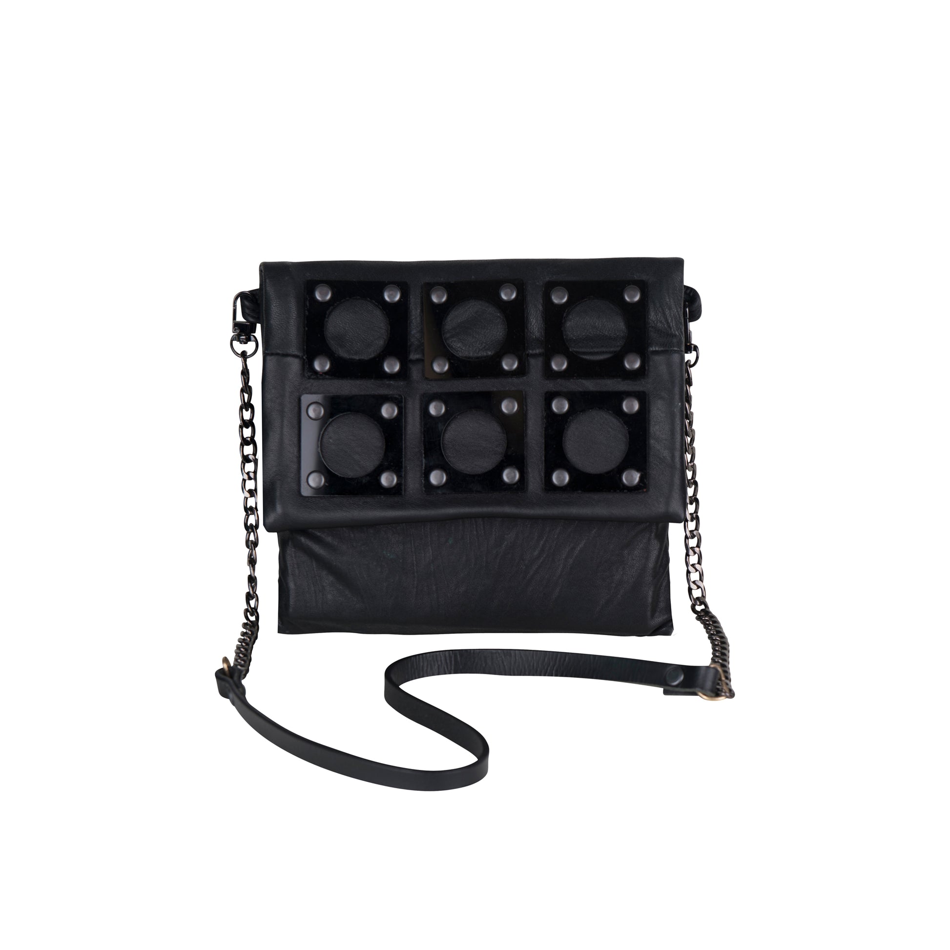 METANoIA black recycled leather small handbag with square and hollowed circle bamboo and walnut acrylic forms fashioned into a repetitive fashion.