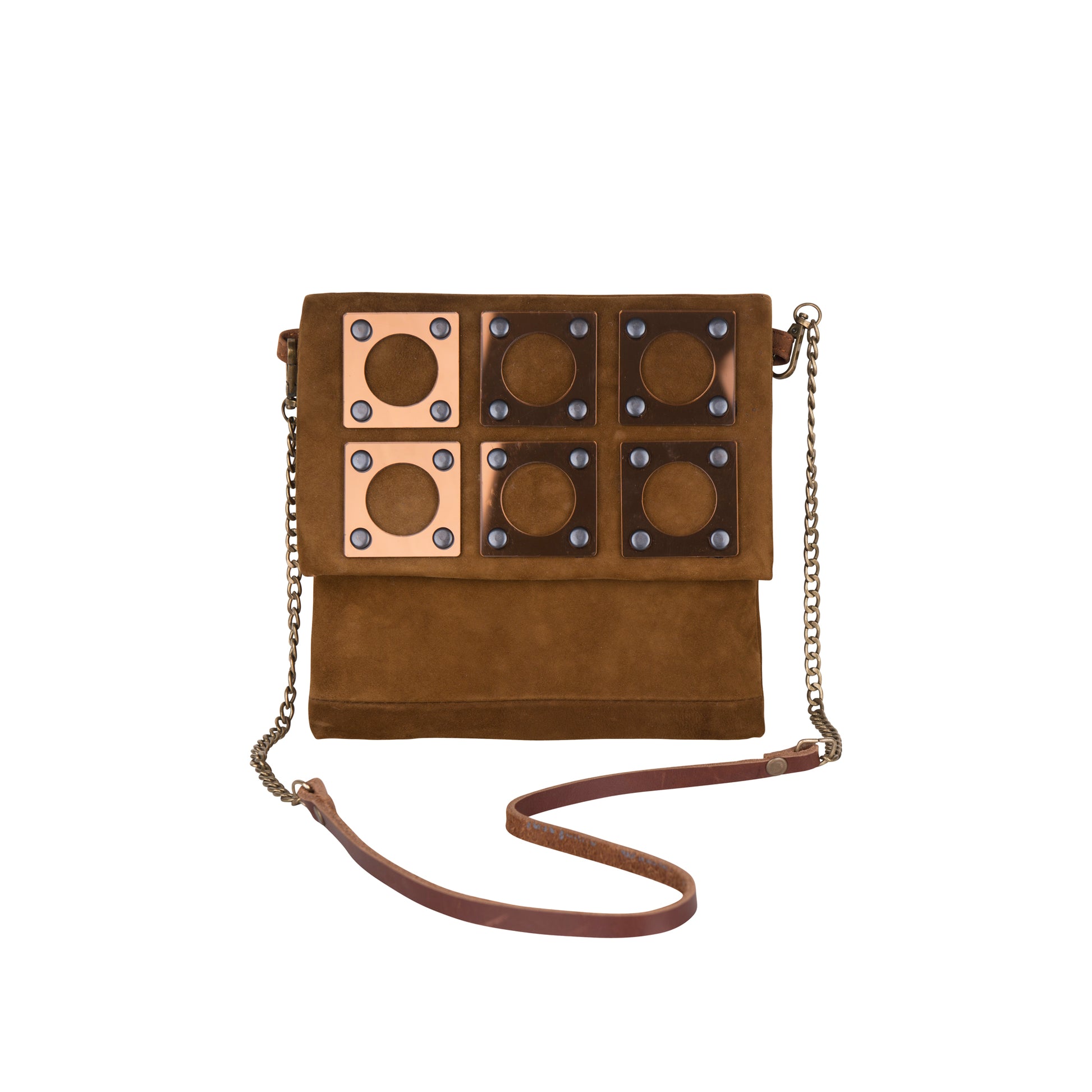 METANoIA tan recycled leather small handbag with square and hollowed circle bronze acrylic forms fashioned into a repeative fashion.