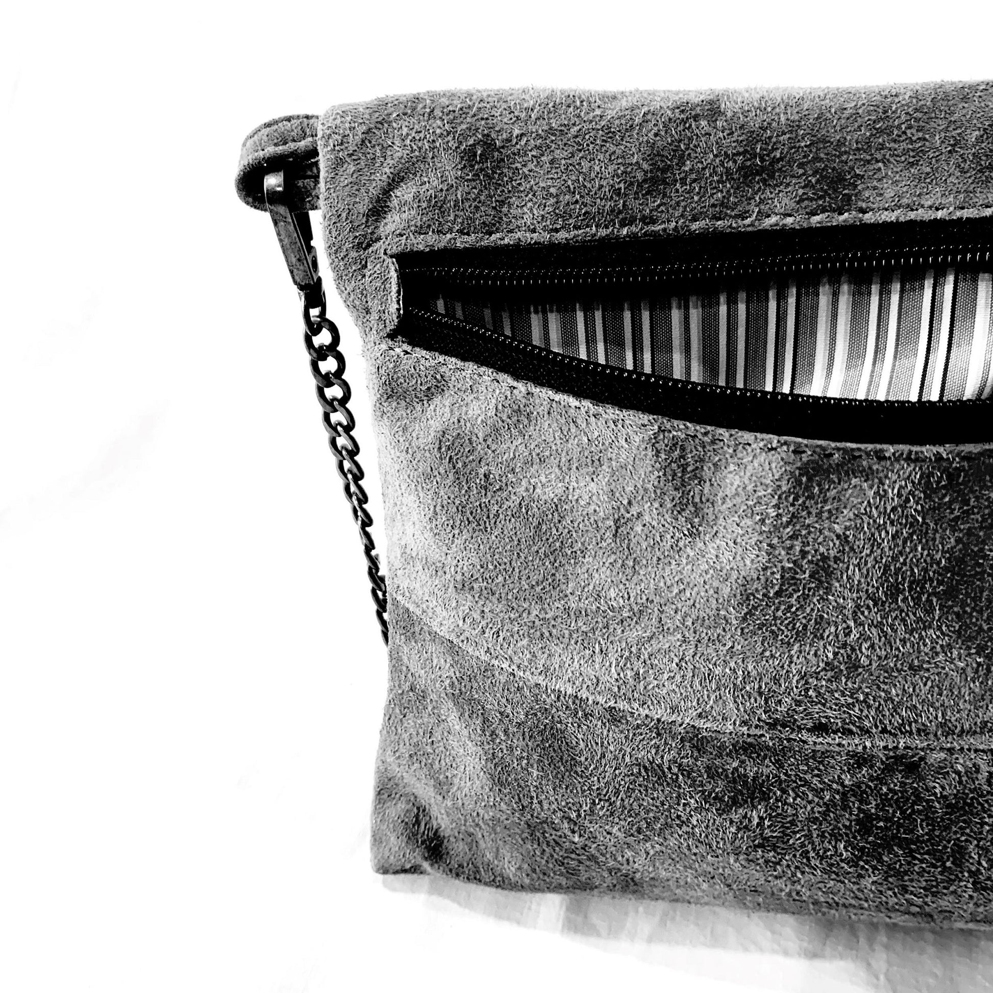 The back of the METANoIA The Cross Bag consisting of recycled leather with an original leather piece wherever possible, every bag has a unique pocket placement.