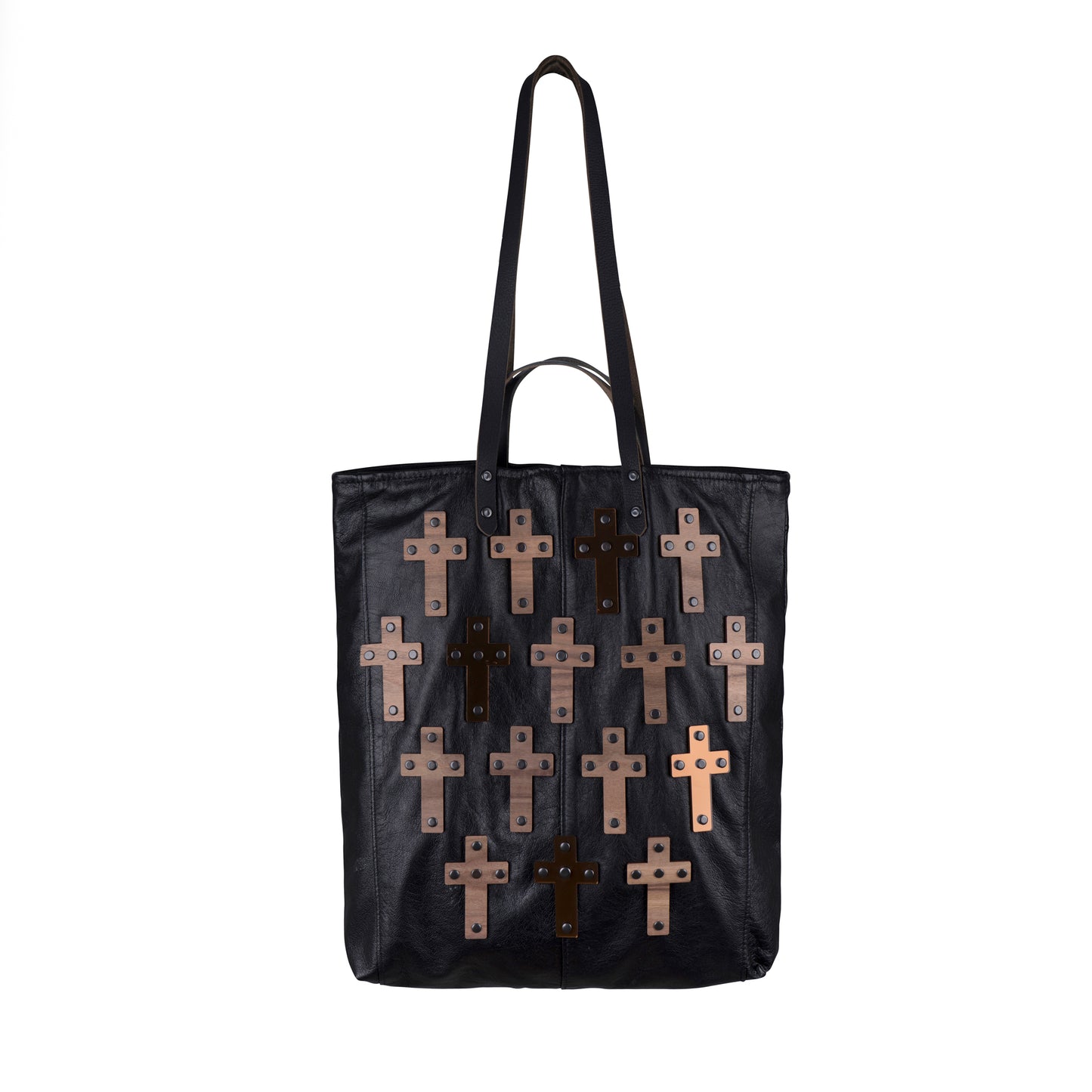 METANoIA The Cross Black recycled leather tote handbag with cross shaped bamboo, walnut and metallic acrylic forms.