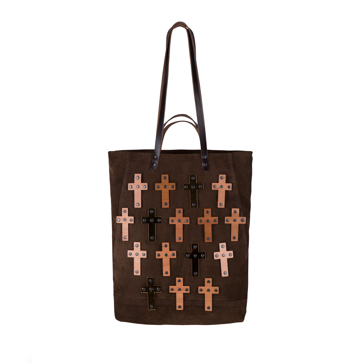 METANoIA The Cross Chocolate recycled leather tote handbag with cross shaped bamboo, walnut and metallic acrylic forms.