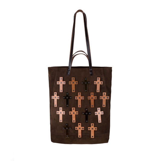 METANoIA The Cross Chocolate recycled leather tote handbag with cross shaped bamboo, walnut and metallic acrylic forms.