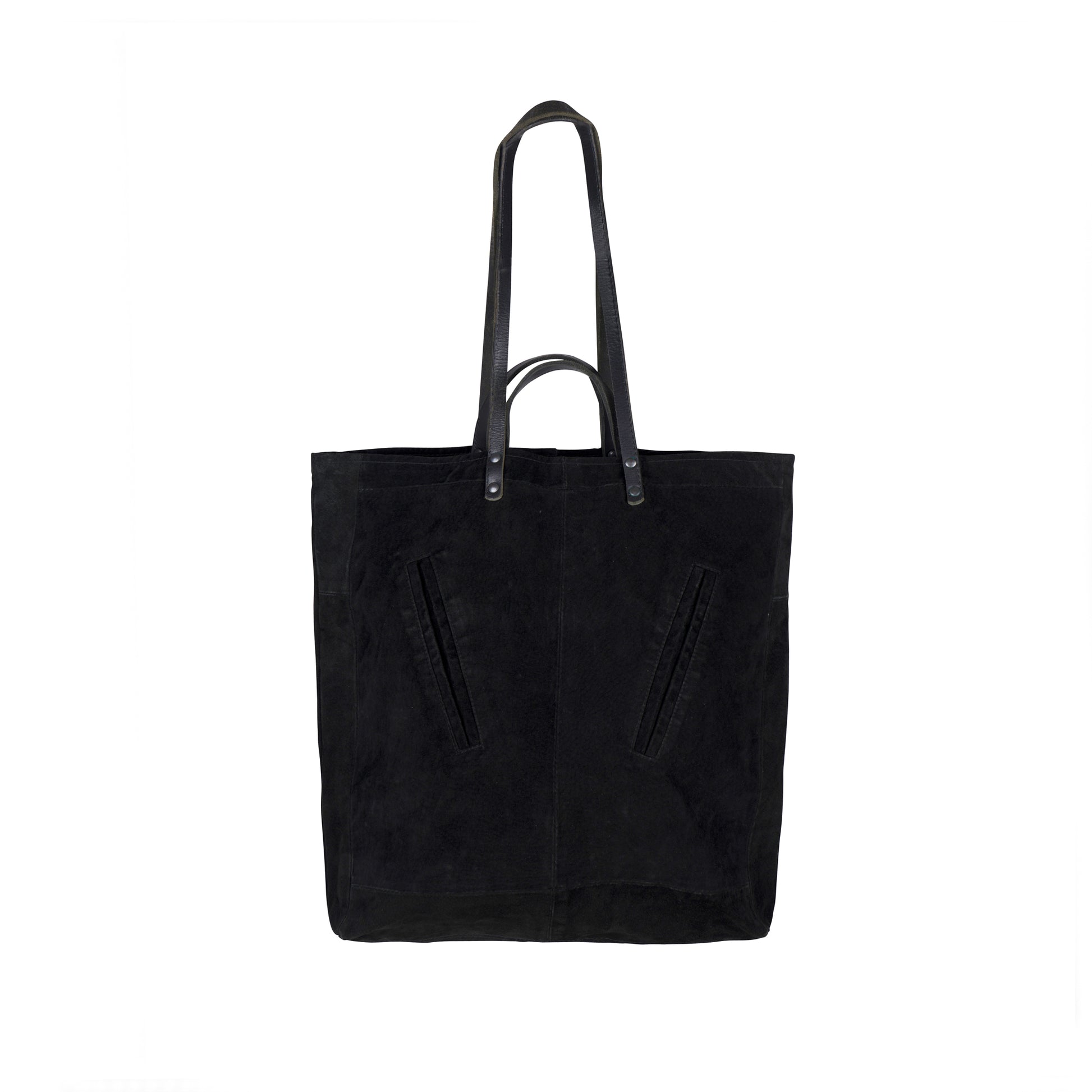 METANoIA black recycled leather tote handbag back with original leather piece wherever possible, every bag has a unique pocket placement.