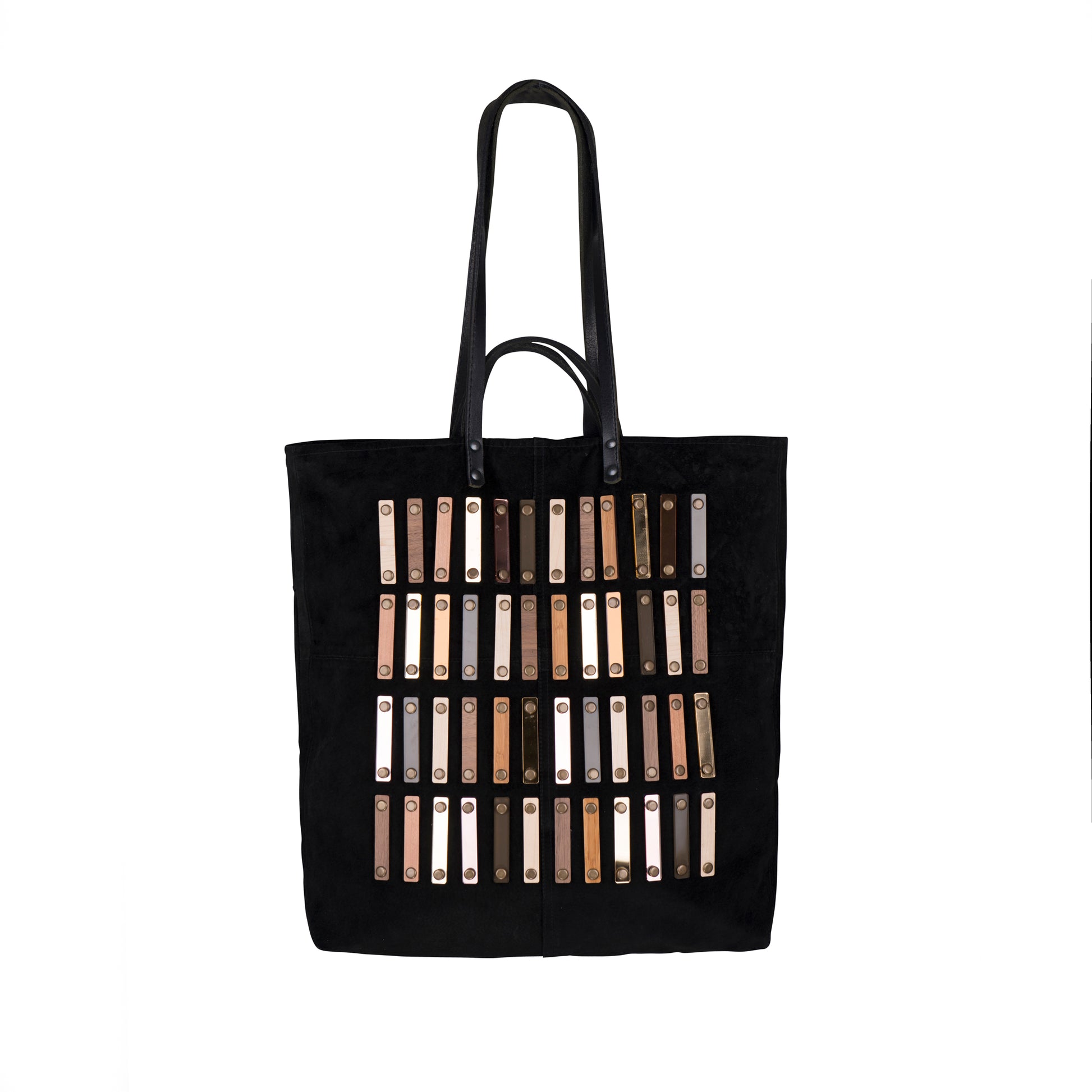 METANoIA black recycled leather tote handbag with acrylic and wooden vertical accents studded in a repeatitive fashion in an array of natural wooden browns, coppers and white. 