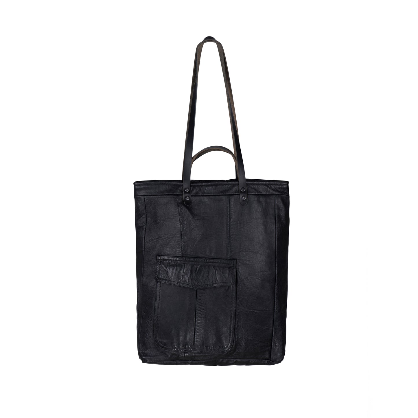 METANoIA black recycled leather tote handbag back with original leather piece wherever possible, every bag has a unique pocket placement.