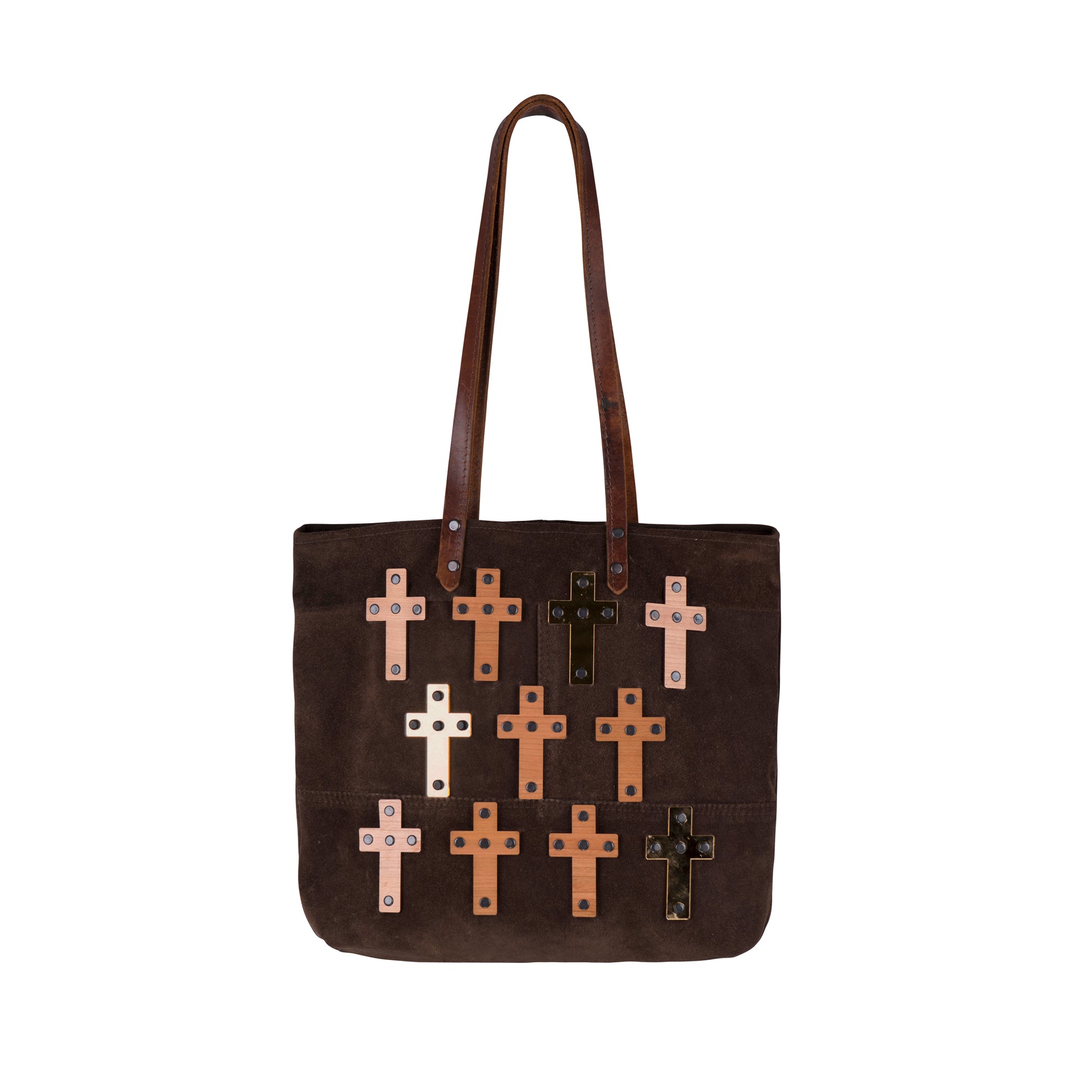 METANoIA The Cross Medium Bag inside featuring pinstripe fabric sourced from recycled fabric and a caramel leather woven label lasered with the iconic METANoIA label.METANoIA The Cross Chocolate recycled leather medium handbag with cross shaped bamboo, walnut and metallic acrylic forms.