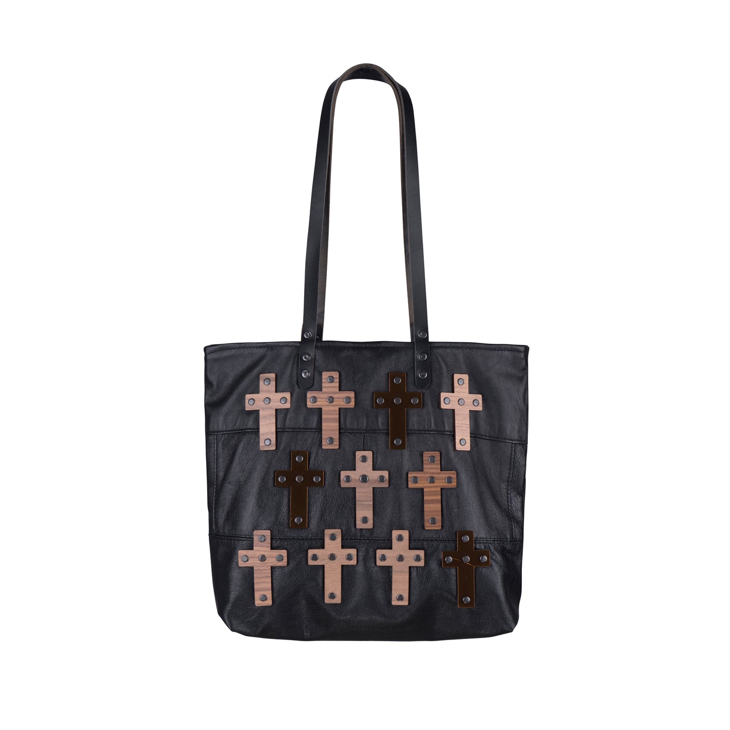 METANoIA The Cross Black recycled leather medium handbag with cross shaped bamboo, walnut and metallic acrylic forms.