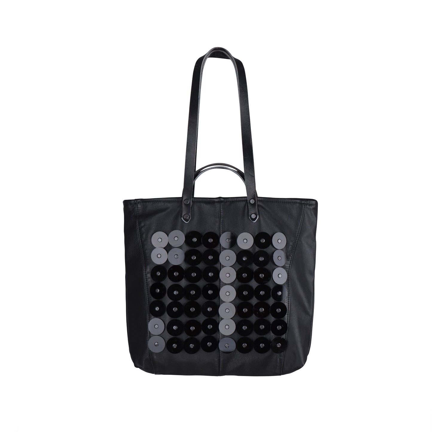 METANoIA black recycled leather medium handbag with black circle acrylic forms fashioned into a repeative fashion with a smaller circle overlay on each form. 