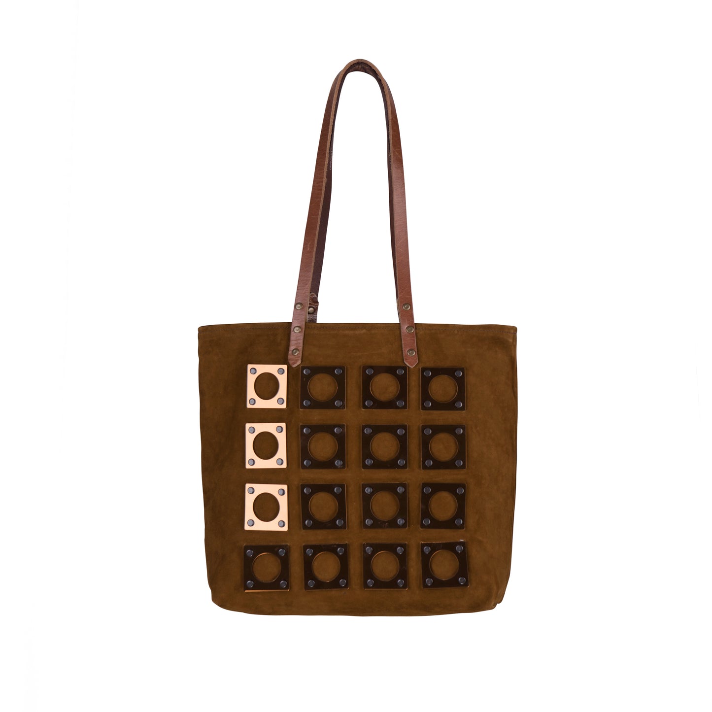 METANoIA caramel recycled leather medium handbag with square and hollowed circle copper acrylic forms fashioned into a repeative fashion. 
