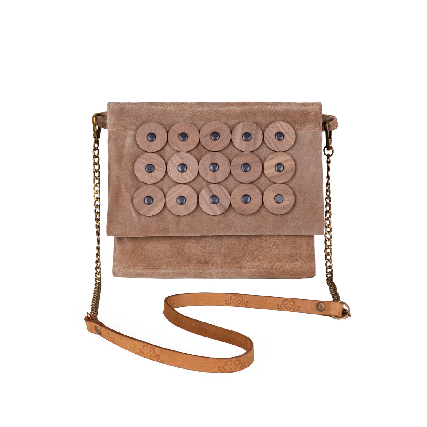 METANoIA tan recycled leather small handbag with circle bamboo and walnut acrylic forms fashioned into a repeative fashion with a smaller circle overlay on each form. 