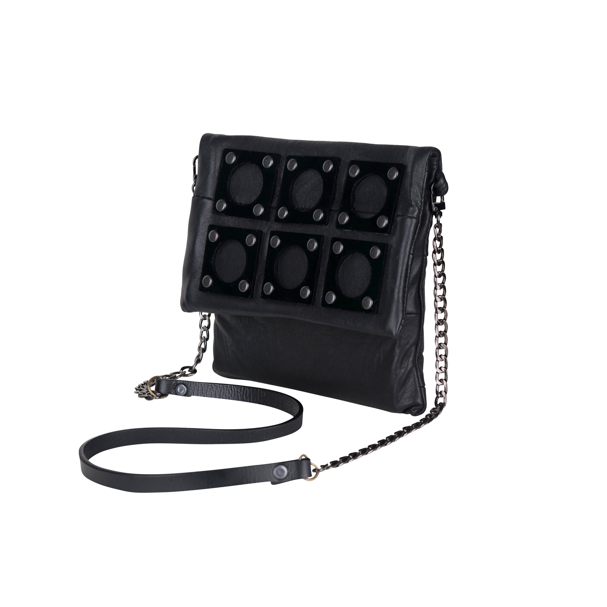 METANoIA black recycled leather small handbag with square and hollowed circle bamboo and walnut acrylic forms fashioned into a repetitive fashion pictured on a side profile.