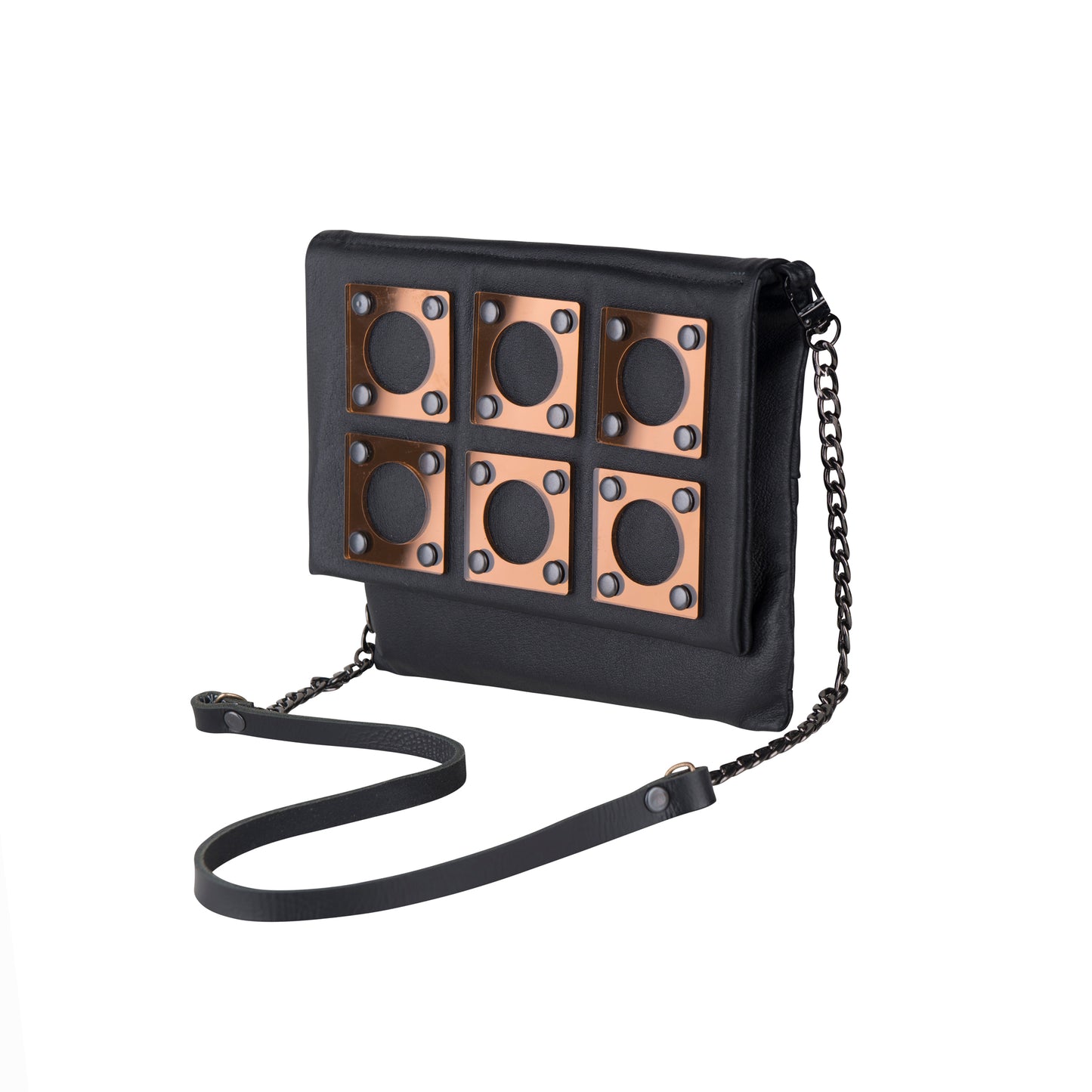 METANoIA black recycled leather small handbag with square and hollowed circle bronze acrylic forms fashioned into a repeative fashion in side angle view.