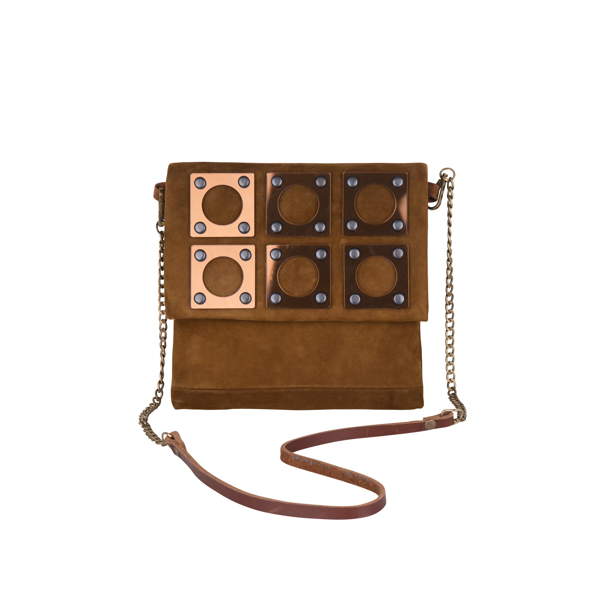 METANoIA tan recycled leather small handbag with square and hollowed circle bronze acrylic forms fashioned into a repeative fashion. 