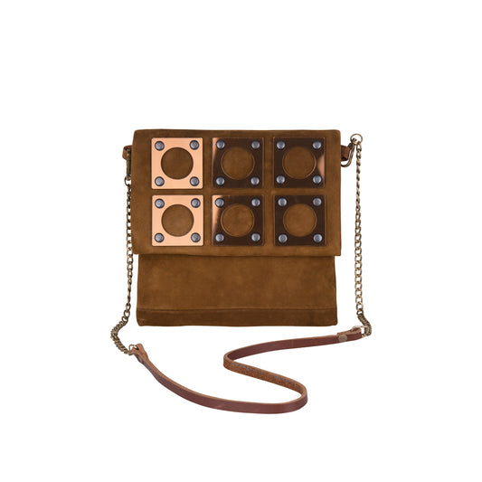 METANoIA tan recycled leather small handbag with square and hollowed circle bronze acrylic forms fashioned into a repeative fashion. 