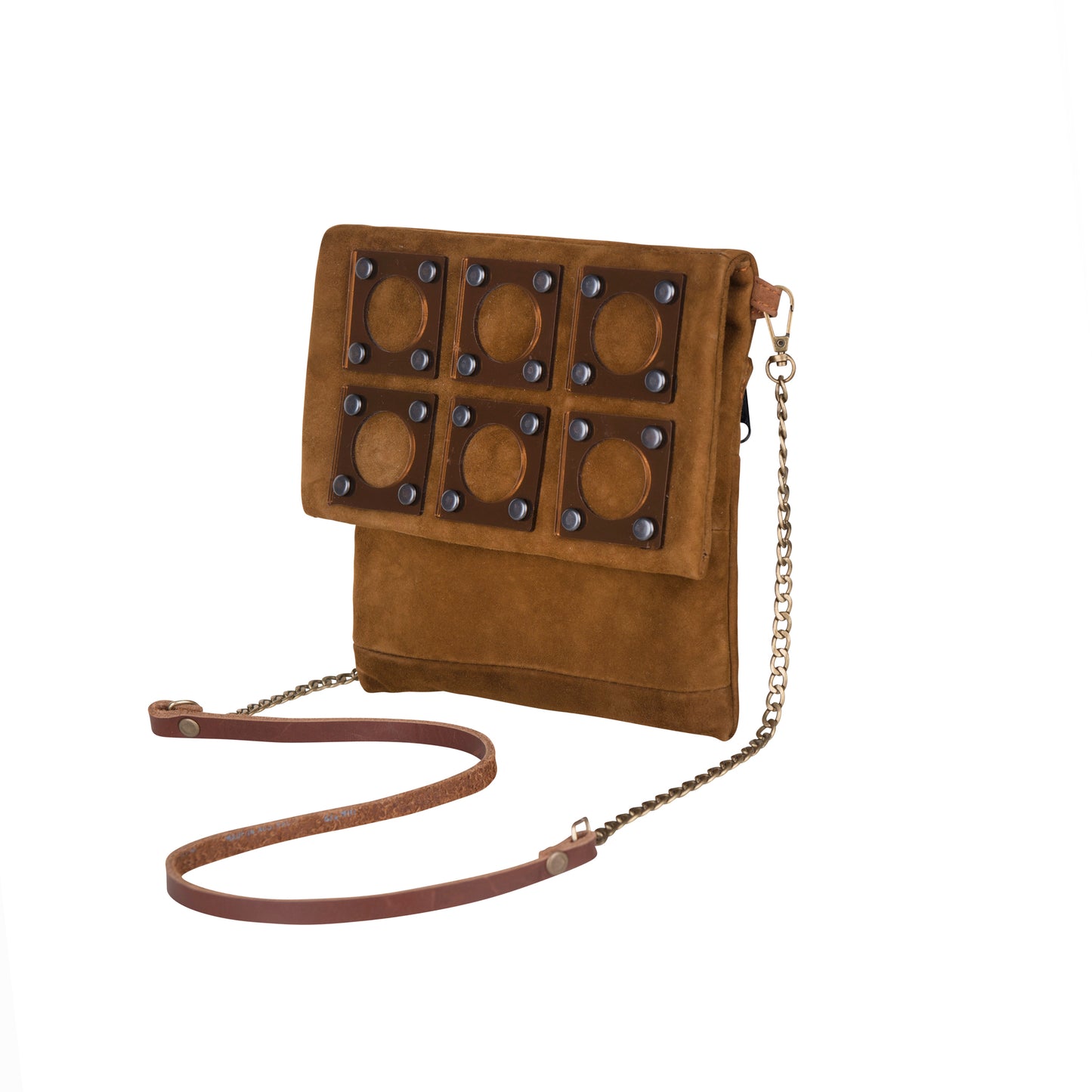 METANoIA tan recycled leather small handbag with square and hollowed circle bronze acrylic forms fashioned into a repeative fashion. Featured on sideview.